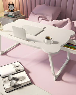 White Portable Bed Table With Mini Drawer and Cup-Holder