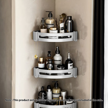 Silver Wall-Mounted Triangular Bathroom Storage Rack with Hooks