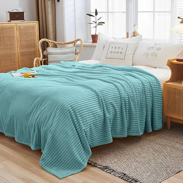 Sky Blue Throw Blanket Warm Cozy Striped Pattern Thin Flannel Coverlet