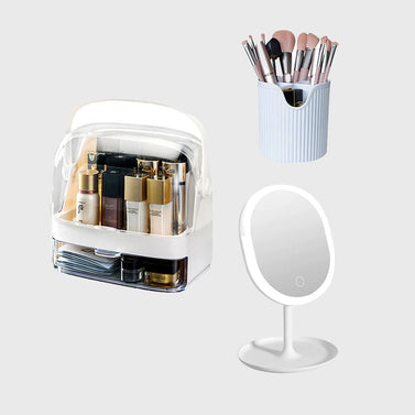 White 2 Tier Cosmetic Storage with Brush Lipstick Holder Organiser and LED Light Tabletop Mirror Set