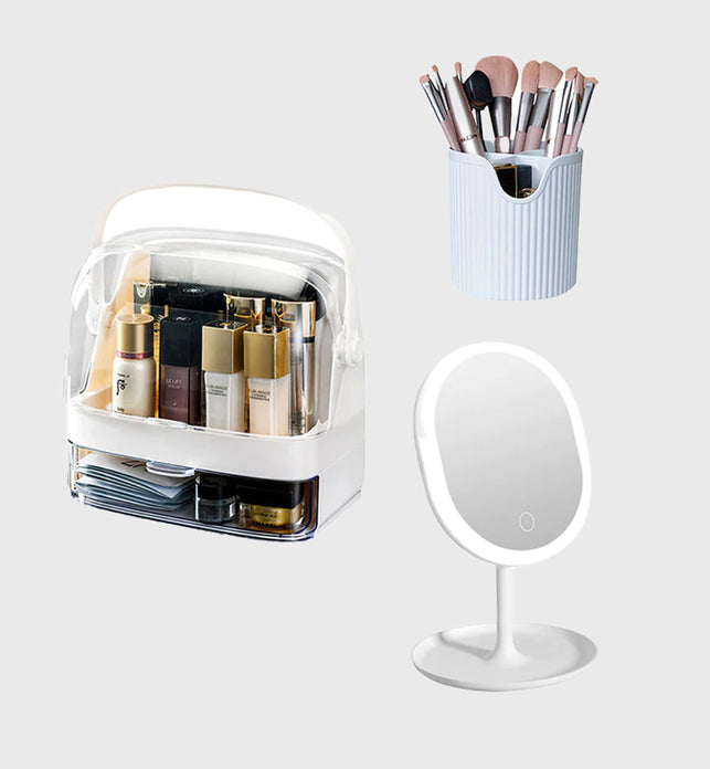 White 2 Tier Cosmetic Storage with Brush Lipstick Holder Organiser and LED Light Tabletop Mirror Set