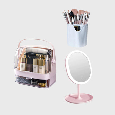 Pink 2 Tier Cosmetic Storage with Brush Lipstick Holder Organiser and LED Light Tabletop Mirror Set
