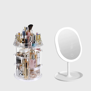 360 Degree Rotating Cosmetic Storage Organiser with White LED Light Tabletop Mirror Set
