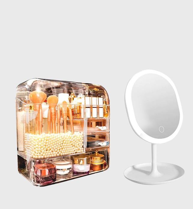 Transparent Cosmetic Storage Skincare Organiser with White LED Light Tabletop Mirror Set