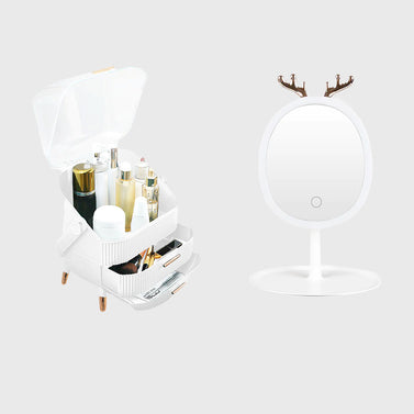 White Cosmetic Jewelry Storage Organiser with Antler LED Tabletop Mirror Set