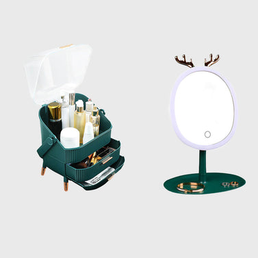 Green Cosmetic Jewelry Storage Organiser with Antler LED Tabletop Mirror Set