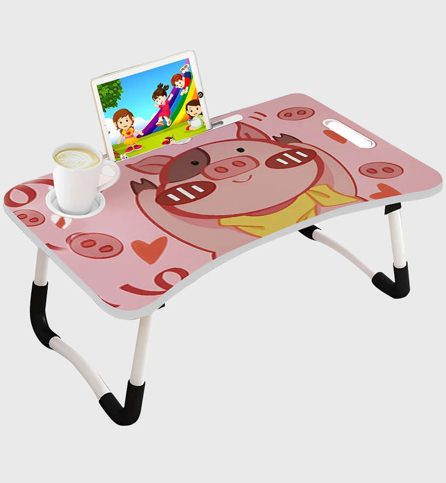 Pink Cute Pig Design Foldable Study Bed Table Adjustable Portable Desk Stand With Notebook Holder and Cup Slot