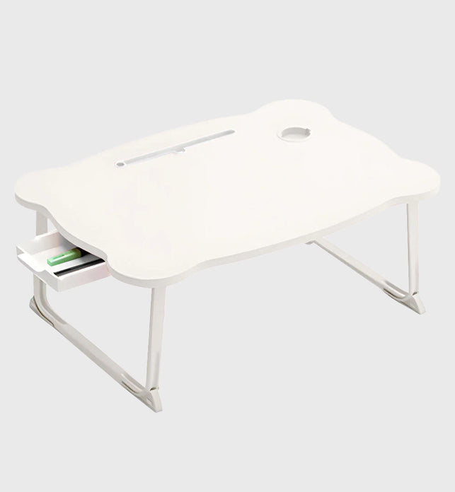 White Portable Bed Table With Mini Drawer and Cup-Holder
