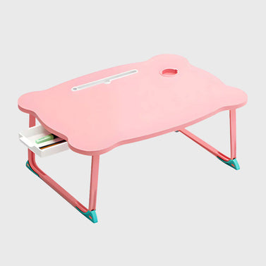Pink Portable Bed Table With Mini Drawer and Cup-Holder