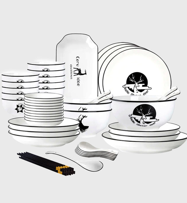 White Antler Printed Ceramic Dinnerware Set of 34