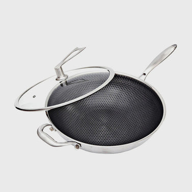 34cm Stainless Steel Frying Pan with Glass Lid and Helper Handle