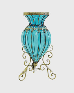 Blue European Glass Floor Flower Vase with Metal Stand