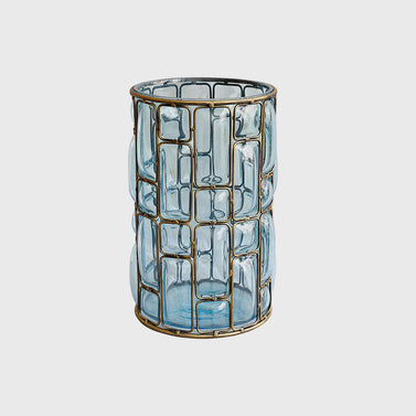 Blue European Glass Flower Vase with Gold Metal Pattern