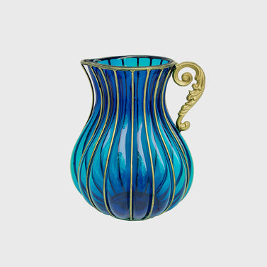 Blue European Glass Flower Vase with Metal Handle