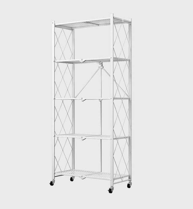 5 Tier Foldable Kitchen Shelves with Wheels  White