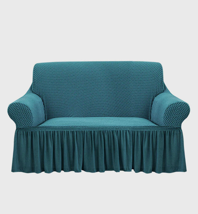 Blue Colored 2- Seater Sofa Cover with Ruffled Skirt