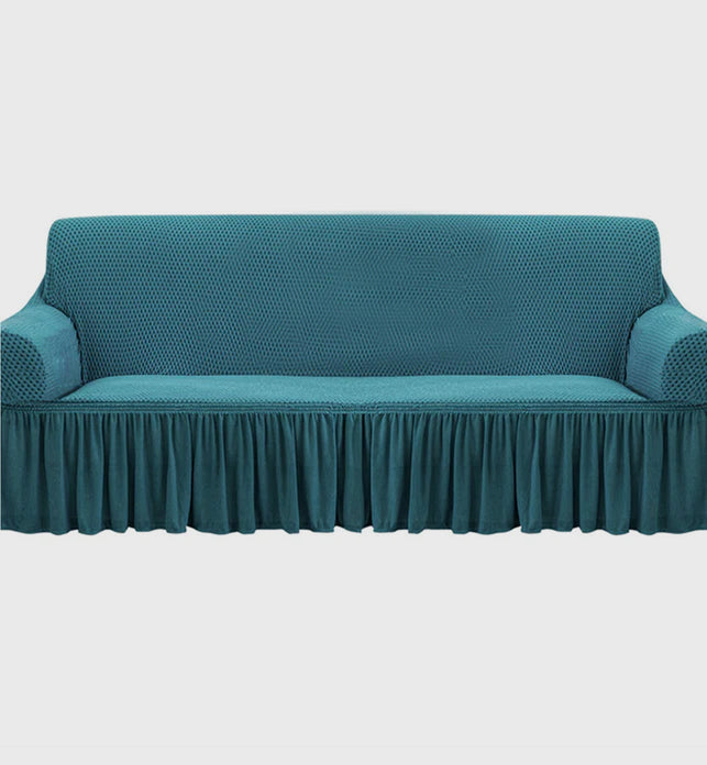 Blue Colored 3- Seater Sofa Cover with Ruffled Skirt