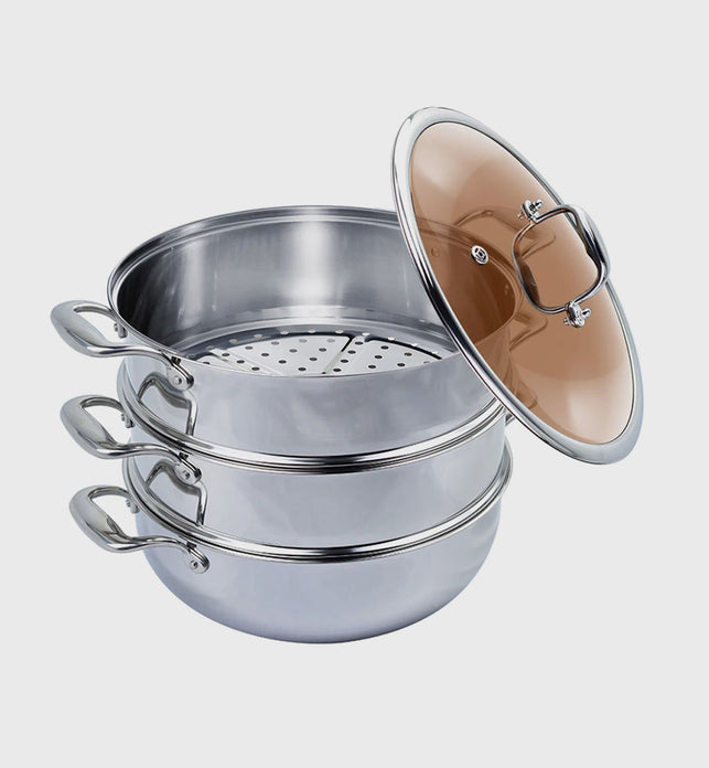 3 Tier 28cm Stainless Steel Food Steamer with Glass Lid