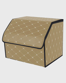 Leather Car Boot Foldable Trunk Cargo Organizer Box Beige/Gold Stitch Small