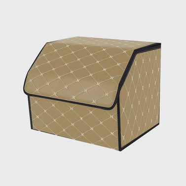 Leather Car Boot Foldable Trunk Cargo Organizer Box Beige/Gold Stitch Small