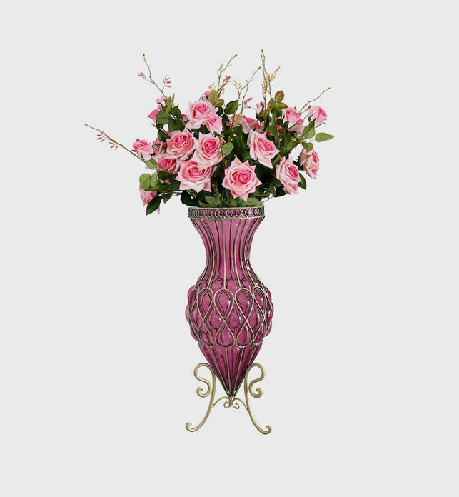 67cm Purple Glass Floor Vase and 12pcs Pink Artificial Flower Set