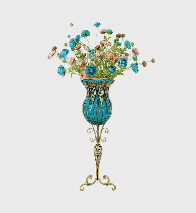 85cm Blue Glass Floor Vase and 12pcs Blue Artificial Flower Set