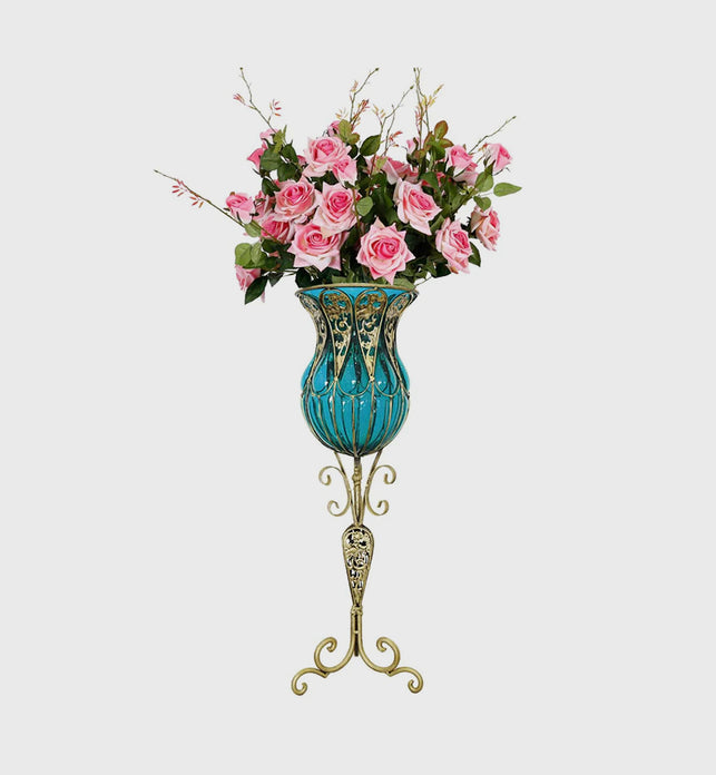 85cm Blue Glass Floor Vase and 12pcs Pink Artificial Flower Set