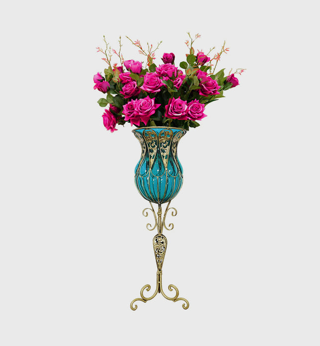 85cm Blue Glass Floor Vase and 12pcs Dark Pink Artificial Flower Set