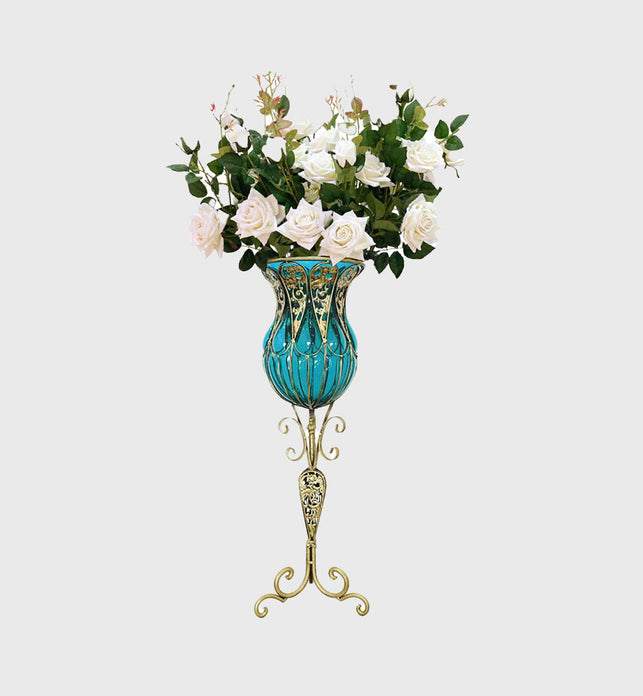 85cm Blue Glass Floor Vase and 12pcs White Artificial Flower Set