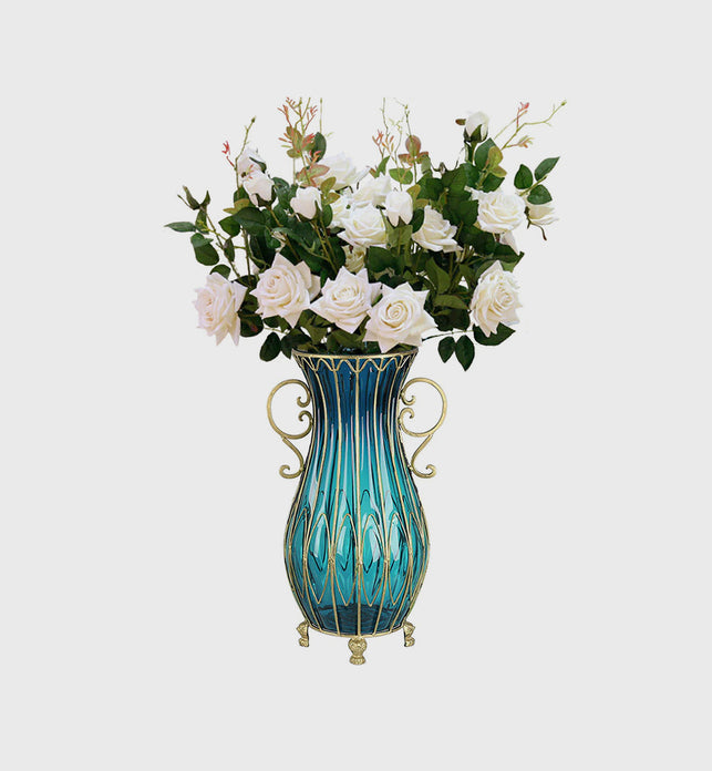 51cm Blue Glass Floor Vase with 12pcs White Artificial Flower Set