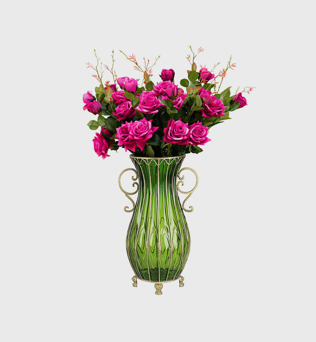 51cm Green Glass Floor Vase with 12pcs Artificial Flower Set