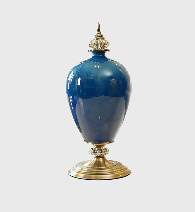 42cm Ceramic Vase with Gold Metal Base Dark Blue