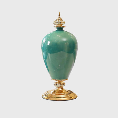 42cm Ceramic Vase with Gold Metal Base Green