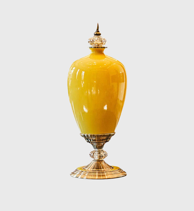 42cm Ceramic Vase with Gold Metal Base Yellow