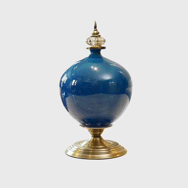 38cm Ceramic Vase with Gold Metal Base Dark Blue