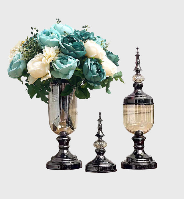 2x Clear Black Glass Vase with Lid and Blue Flower Set