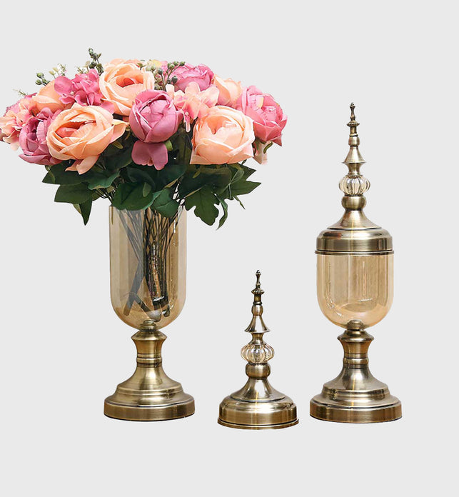 2x Clear Bronze Glass Vase with Lid and Pink Flower Set