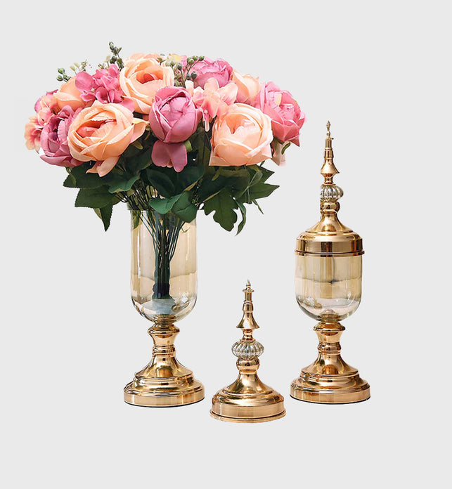 2x Clear Gold Glass Vase with Lid and Pink Flower Set