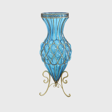 67cm Blue Glass Floor Vase with Metal Stand