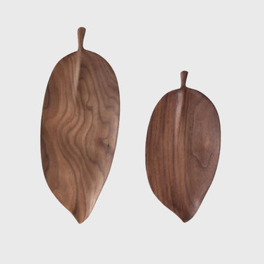 Set of 2 Walnut Leaf Shape Wooden Tray