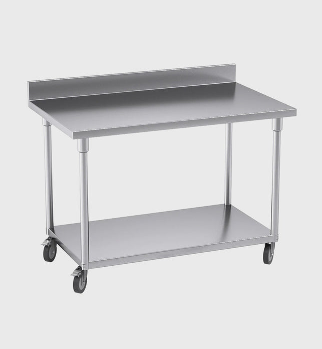120cm Commercial Kitchen Stainless Steel Work Bench with Backsplash and Caster Wheels