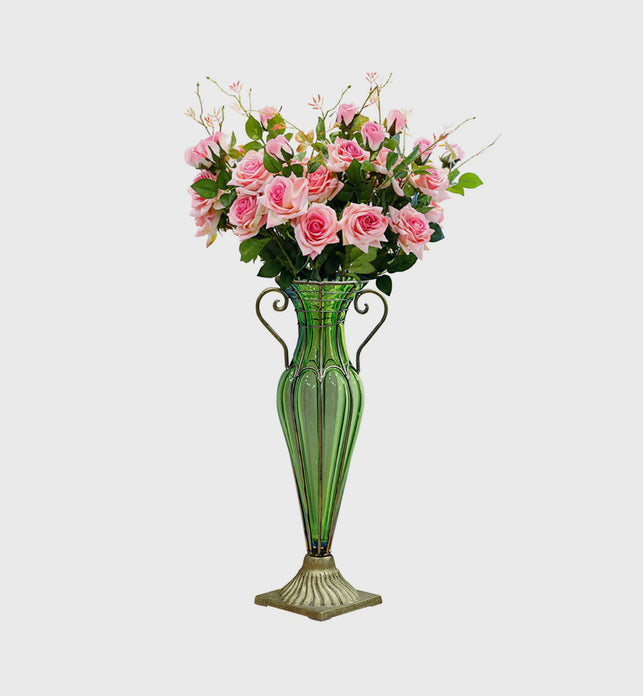 Green Glass Flower Vase with 6 Bunch 5 Heads Artificial Silk Rose Set