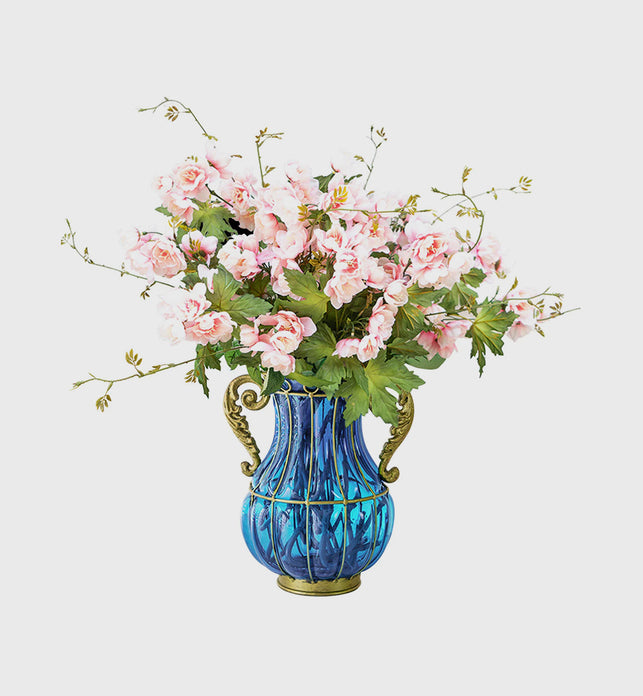 Blue Glass Flower Vase with 8 Bunch 3 Heads Artificial Silk Hibiscus Set