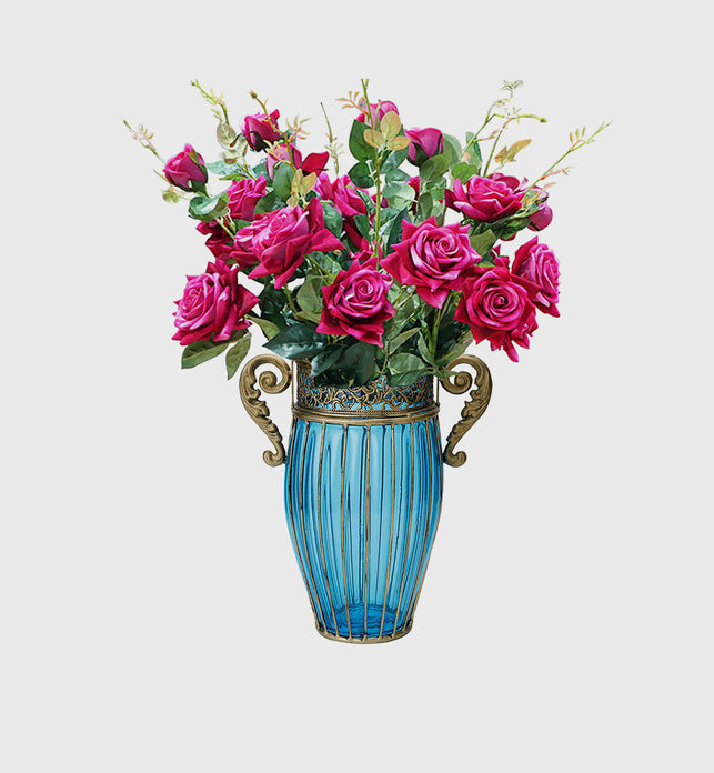 Blue Glass Flower Vase with 8 Bunch 5 Heads Artificial Silk Rose Set