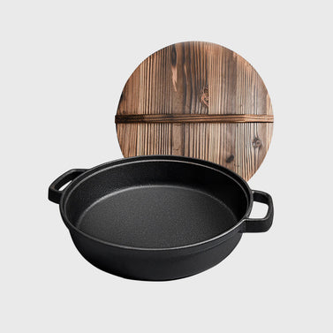33cm Round Cast Iron Frying Pan with Wooden Lid