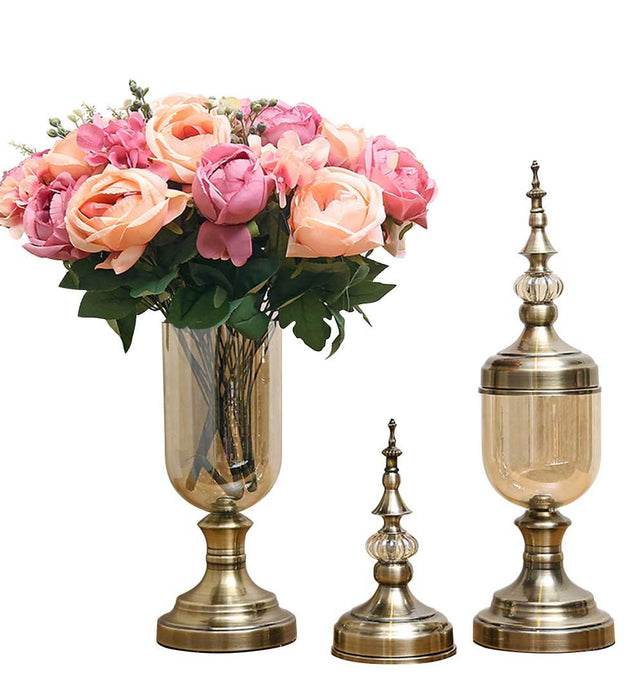 2x Clear Bronze Glass Vase with Lid and Pink Flower Set