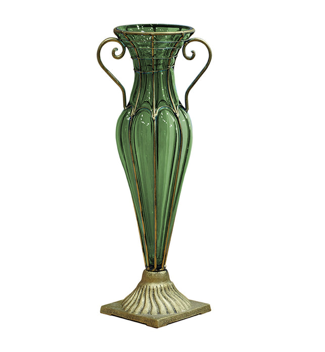 Green European Glass Flower Vase with Two Gold Metal Handle