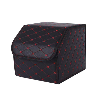 Leather Car Boot Foldable Trunk Cargo Organizer Box Black/Red Stitch Small