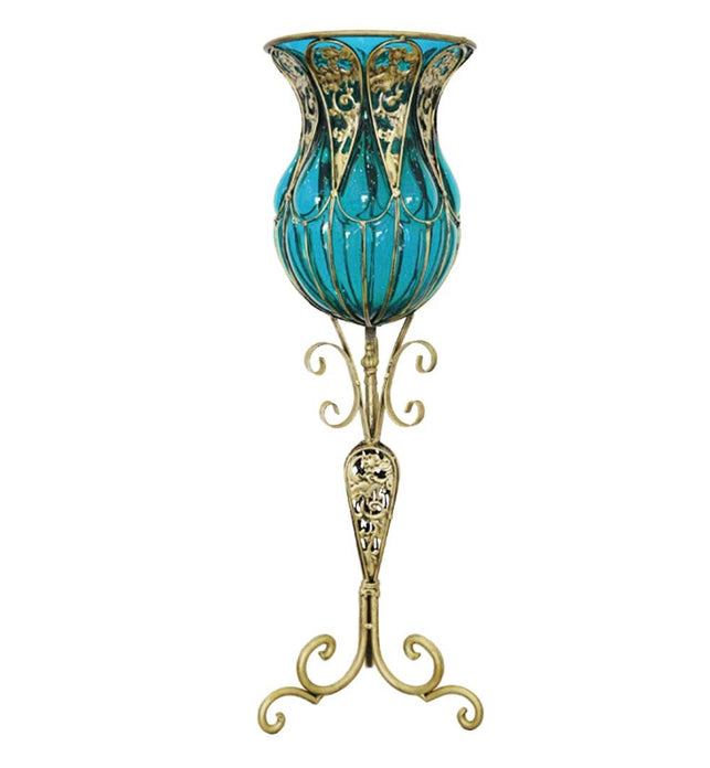 85cm Blue Glass Floor Vase with Tall Metal Stand