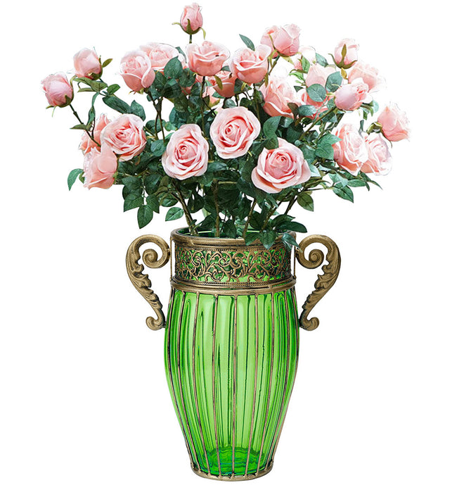 Green Glass Flower Vase with 8 Bunch 5 Heads Artificial Silk Rose Set